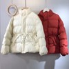 韩国红色立领抽绳收腰短款棉服女冬小个子加厚减龄时尚外套潮