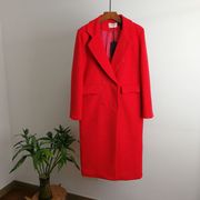 12233红色毛呢大衣女冬季双排扣长款西装，领夹棉外套