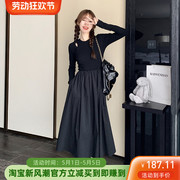 2024法式连衣裙春季长袖镂空针织长裙黑色设计感显瘦