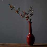 高档原矿脂红陶瓷花瓶摆件纯色，花樽插花干花，禅意小花瓶茶席茶道花