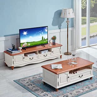 地中海风格实木茶几电视柜，组合美式家具小户型，1.2米长方形茶桌