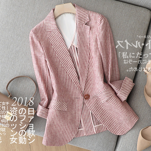 日系春夏粉色条纹修身西服棉麻一粒扣七分袖小西装外套女薄款