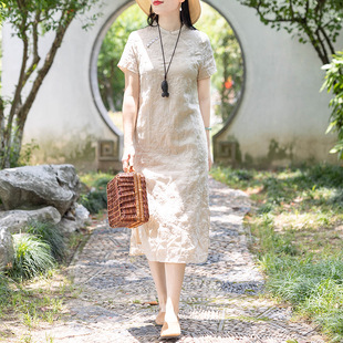 念江南女装苎麻刺绣工艺，别致旗袍夏季中式改良棉麻高端连衣裙
