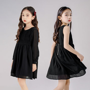女童雪纺连衣裙2021夏黑色(夏黑色，)气质仙女裙子，中大童甜美百褶公主裙