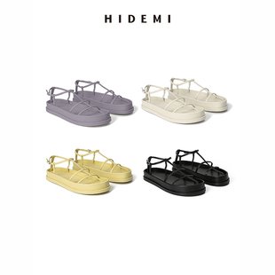 hidemi系带设计感小羊皮厚底，凉鞋黑色白色鹅黄色云雾紫