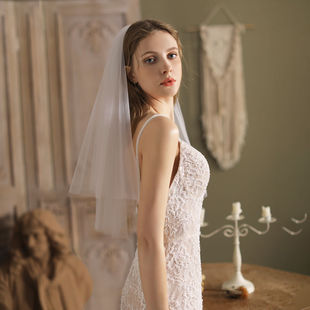 法式白色求婚领证小头纱简约短款新娘，结婚登记拍照道具双层头饰
