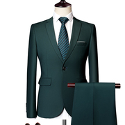 欧洲站大码男士商务休闲西装套装英伦西服墨绿两件套职业外套裤子