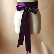 3色选深紫色丝带腰带光面，双圈3米窄长款修身婚纱，礼服腰带优雅