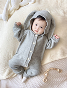 婴儿韩版连身长裤秋装男女，宝宝针织可爱兔耳朵连帽毛织连体衣爬服