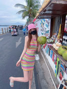 三亚海边旅行度假风沙滩裙，性感辣妹露脐挂脖背心，针织短裙两件套装