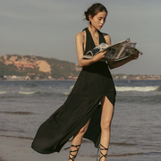 黑色性感风情万种露背连衣裙2024年女海边度假沙滩波西米亚长裙仙