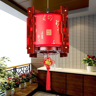 中式吊灯阳台过道走廊茶楼，实木吊灯喜庆乔迁红灯笼led仿古羊皮灯