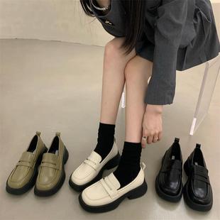 香港法式厚底黑色小皮鞋女秋冬2023小众白色软皮英伦风