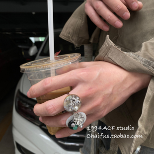 柴夫工作室j315新中式朋克，醋酸花朵纽扣戒指复古时尚小众指环