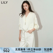 lily2024夏女装(夏女装)复古老花机车风雅痞设计感抽绳白色宽松短外套
