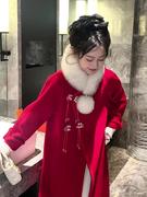 新年过年圣诞战袍富家千金新中式，国风盘扣红色毛，呢大衣外套女冬季