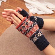 日本单文艺复古花纹半指手套羊毛针织加厚保暖女冬手套学生写字款