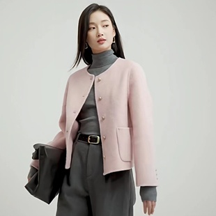2023双面羊绒大衣女韩版显瘦秋冬圆领短款外套羊毛呢子