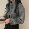 韩国chic秋冬法式复古机车小立领开衫减龄宽松灯笼袖短款毛呢外套