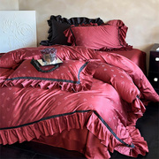 法式提花大红色提花结婚床上四件套纯棉天丝长绒棉床单喜被罩床品