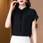 韩国气质黑色娃娃领雪纺衬衫女夏季2024洋气优雅短袖减龄上衣