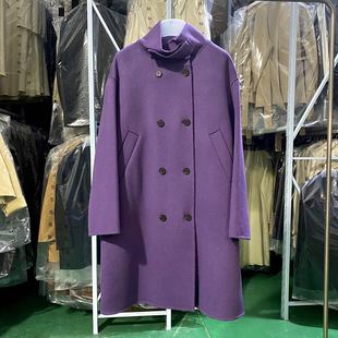mm自制紫色高定款双面呢大衣，双排扣高领纯色，通勤中长款羊毛外套