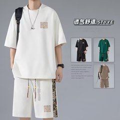 夏季潮牌中国风刺绣短袖短裤套装