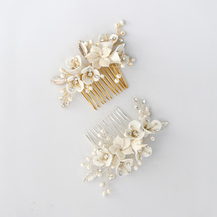 原创设计手工陶瓷花朵，发梳小巧白色，花朵水钻发饰头饰结婚配饰