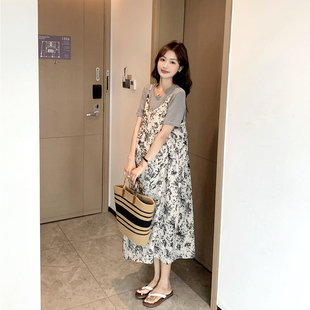 时髦洋气~孕妇装夏季时尚韩国吊带，碎花显瘦雪纺连衣裙两件套辣妈