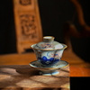 景德镇陶瓷茶具老陶泥柴烧手绘青花瓷荷花三才盖碗茶杯单个泡茶碗
