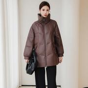 海宁真皮绵羊皮羽绒服2024冬季新款宽松显瘦保暖棕色皮衣中长外套