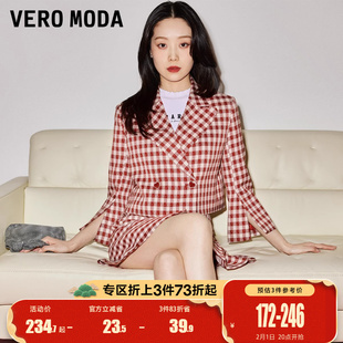 新Vero Moda西装外套套装女2023冬季翻领双排扣七分袖短款