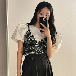 韩系chic夏季设计感小众蕾丝吊带背心+气质泡泡袖衬衫两件套女