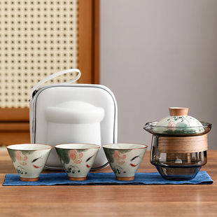 德化陶瓷茶具纯手工绘制旅行茶具套装一壶三杯，便携式快客杯伴手礼