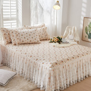 全棉夹棉加厚床裙纯棉蕾丝，花边床罩1.5m1.8米田园，风防滑床笠床盖