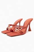 ZA女鞋2023年夏季珊瑚红色交叉时尚气质欧美风丝缎质感凉鞋