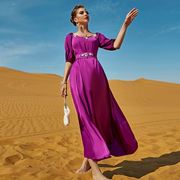 玫紫色一字肩中袖，连衣裙夏季中东风格，女装时尚女士长裙ba7032