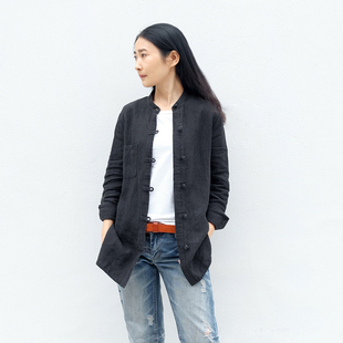 停workshop 原创自制中式复古盘扣亚麻衬衫女式春秋中长款薄外套