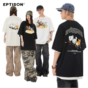 EPTISON可爱趣味动物印花重磅纯棉短袖T恤夏季潮牌宽松情侣上衣