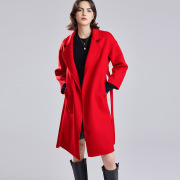 红色双面羊毛大衣，中长款2023年秋冬女士长袖宽松显瘦呢子外套