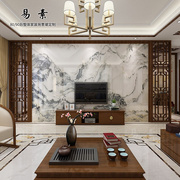 新中式山水画雕刻瓷砖背景墙，客厅电视墙，微晶石边框装饰实木