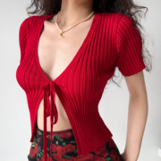 gogirlgo自制欧美风简约v领短袖系带，红色针织开衫女短款上衣