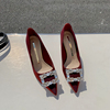法式红色高跟鞋婚鞋2022年高级感水钻伴娘鞋，日常可穿尖头单鞋