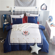 儿童全棉床单四件套小男孩，纯棉卡通被套1.2米1.5床笠式三件套蓝色