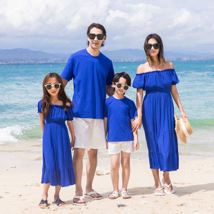 海边度假沙滩亲子装母女装一家三四口蓝色露肩连衣裙男童短袖套装