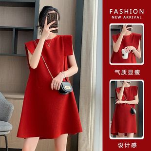 2024韩版夏季无袖孕妇大码红色中长款显瘦遮肚孕妇连衣裙夏装