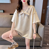 娃娃领短袖t恤女夏装韩版宽松大码中长款华夫格小众设计感上衣服