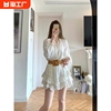 夏季套装女2024年气质名媛白色蕾丝镂空长袖上衣+裙裤两件套