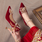 红色婚鞋女细跟2024年秀禾服新娘，高跟鞋中式不累脚孕妇结婚鞋