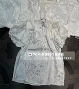 韩国货2024春季时尚洋气圆领系带泡泡短袖白色钩花衬衫女